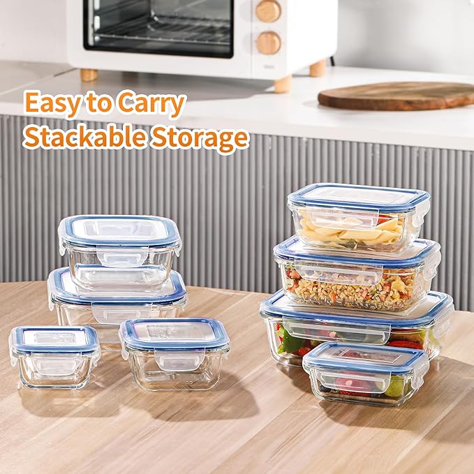HOMBERKING 8 Pack Glass Food Storage Containers with Lids, Meal Prep Containers, Airtight Bento Boxes with Leak Proof Locking for Microwave, Oven, Freezer and Dishwasher, BPA Free, 5-35oz, Deep blue
