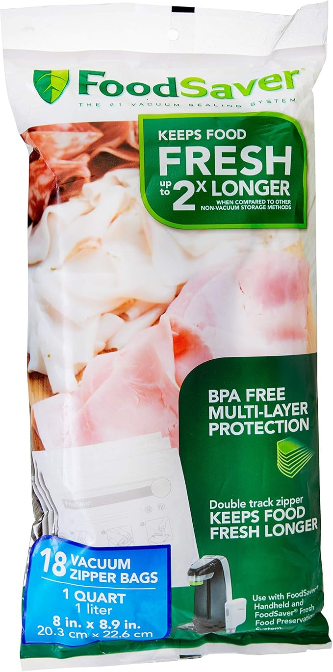 FoodSaver Vacuum Sealer Bags, Rolls for Custom Fit Airtight Food Storage and Sous Vide, 8" x 20' (Pack of 3) & FoodSaver 1-Quart BPA-Free Multilayer Construction Vacuum Zipper Bags, 18 Count
