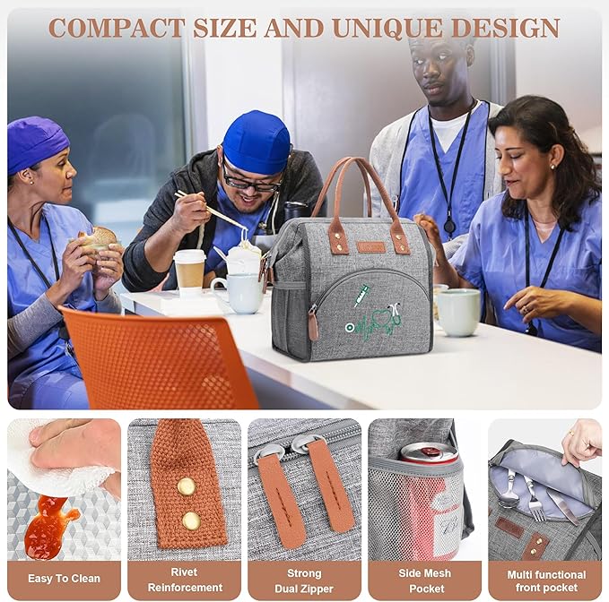LOKASS Nurse Lunch Bag for Women, Embroidered Lunch Box with Special Nursing Design, Insulated Lunch Tote Ideal for Nurse Gifts, Neutral Grey