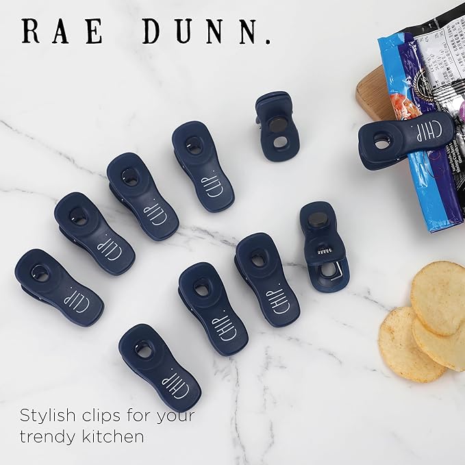 Rae Dunn Bag Clips with Magnet - Chip Clips, Food Storage with Air Tight Seal Grip for Bread, Snack and Food Bags, Pack of 10, Blue