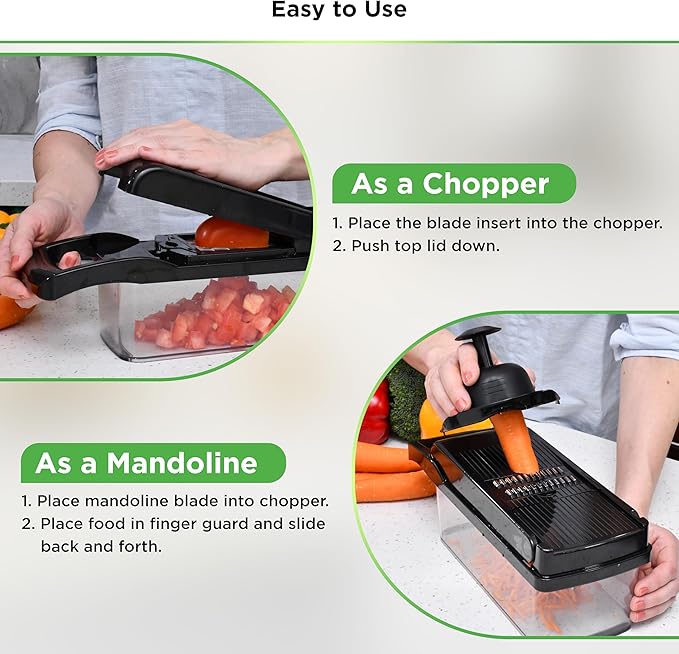 PrepNaturals Vegetable Chopper with Container, Veggie Chopper, Food Chopper & Onion Chopper - Mandoline Slicer for Kitchen (8 in 1, Black)