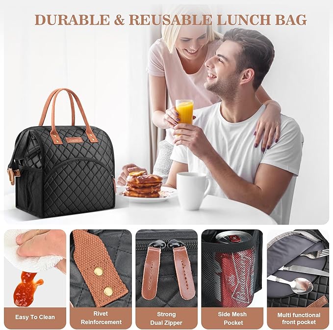 LOKASS Insulated Lunch Bag for Women & Men - Reusable 10 L Lunch Box for Women - Leakproof Tote Cooler Bag for Adults Work, Beach, Travel, Picnic (Black)