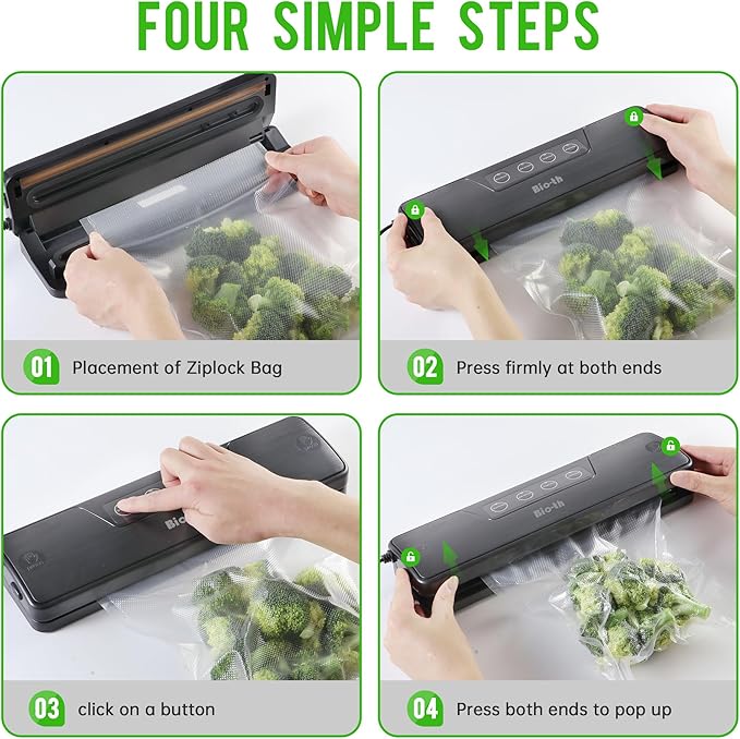 Bio-th Food Vacuum Sealer Machine – Fast & Compact Multi-Functional Vacuum Sealer for Food Storage – Dry & Wet Modes – Includes 15pcs Large Bags (25x30cm) + 6 Rolls – Food Saver Vacuum Sealer Machine