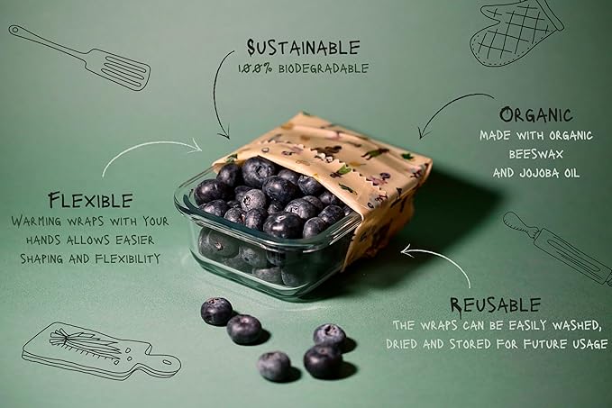 Parforna Beeswax Food Wraps - Reusable & Sustainable Wraps in 3 Sizes, Plastic Film Alternative, Food Storage Wraps, Bread Sandwich Wrapper, Eco-Friendly, Organic, Zero-Waste, Fresh Food For Longer