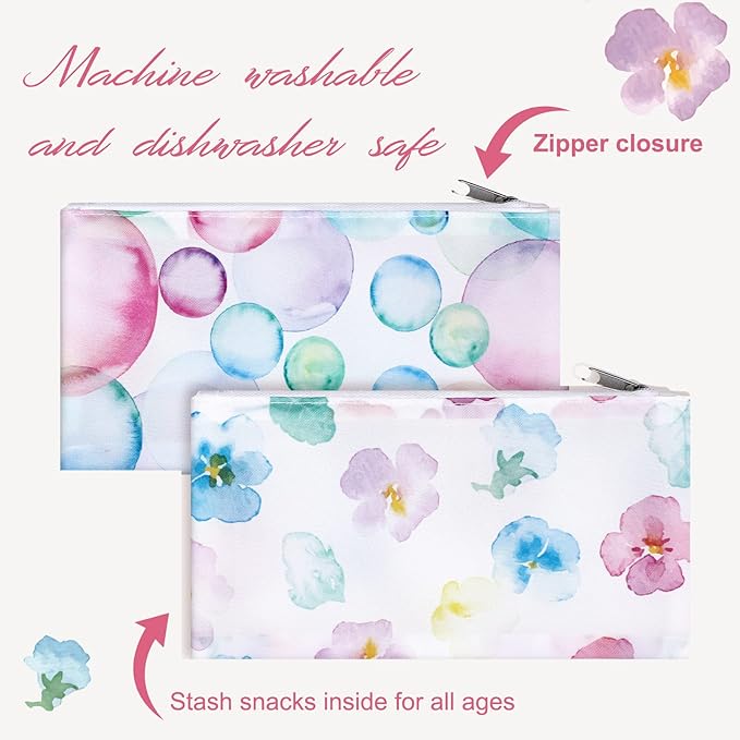 Lallisa 6 Pcs Watercolor Reusable Snack Bags Fabric Cloth Sandwich Bags for Kids, Cute Washable Lunch Pouch with Zipper Reusable Food Pouches