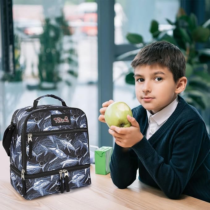 Tilami Lunch Bags Insulated Adjustable Strap Zipper, Water-Resistant Cooler Bags, Bento Bags for Kids Toddlers (Shark)