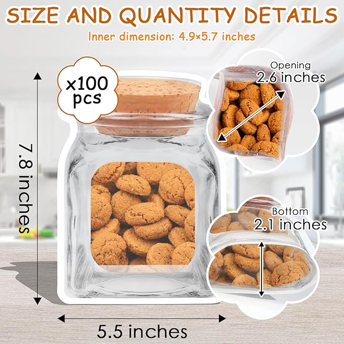 100 Pcs Reusable Mason Jar Bags - Large Food Storage Ziplock, 5.5" X 7.8" Cute Plastic Zipper Leakproof for Freezer, Kitchen, Camping, Picnic Organizer
