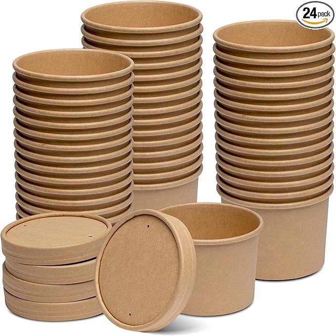 GUSTO [12 oz. - 25 Count Kraft Paper Food Containers with Vented Lids - To Go Hot Soup Bowls, Disposable Ice Cream Cups, Ideal for Hot and Cold Foods - (Formerly Comfy Package)