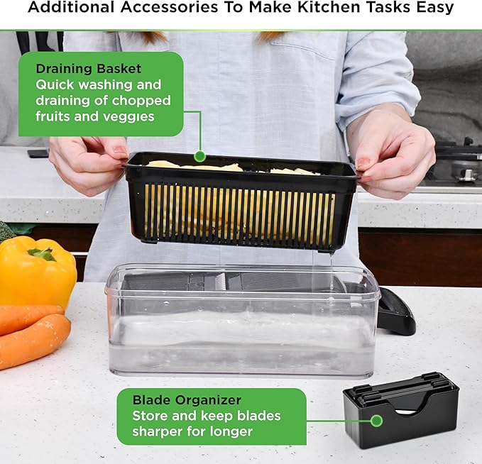 PrepNaturals Vegetable Chopper with Container, Veggie Chopper, Food Chopper & Onion Chopper - Mandoline Slicer for Kitchen (8 in 1, Black)