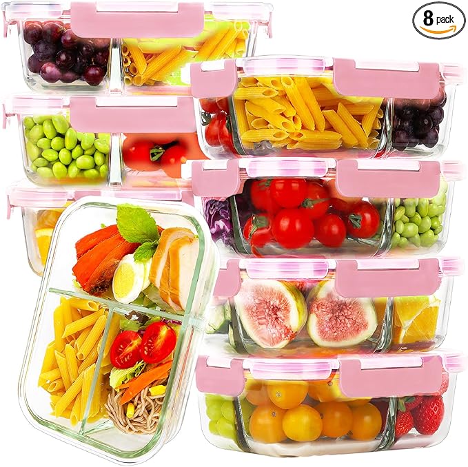 HOMBERKING 8 Pack Glass Meal Prep Containers 3 Compartment, 36oz Glass Food Storage Containers with Lids, Airtight Glass Lunch Bento Boxes, BPA-Free & Leak Proof (8 lids & 8 Containers) - Pink