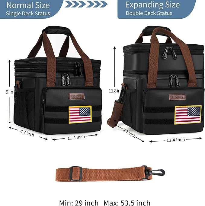 LOKASS Lunch Box for Men,16L Double Deck Expandable Insulated Lunch Bag for Women/Adults Thermal Large Waterproof Leakproof Lunchbox for Work with Shoulder Strap for Work, Camping, Picnic - Black