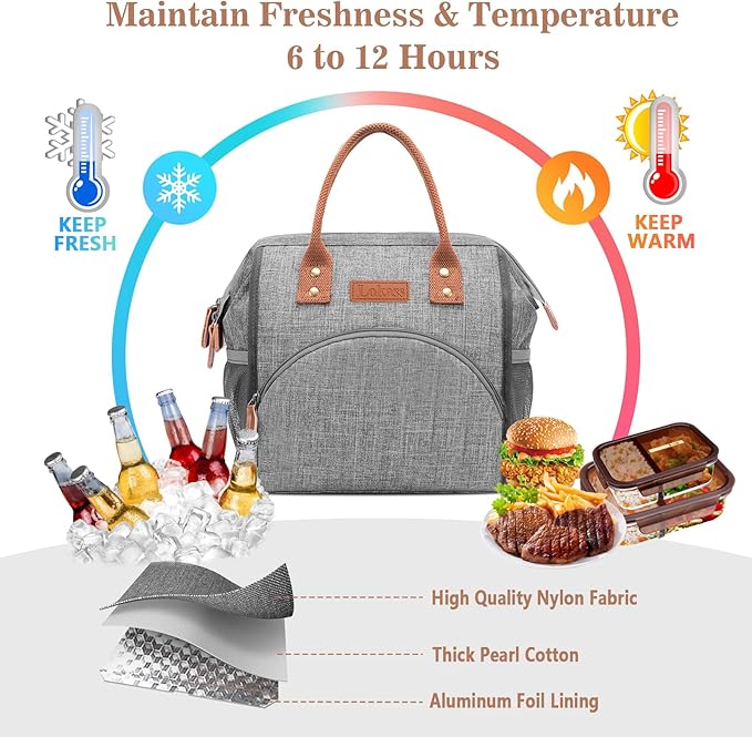 LOKASS Lunch Bag Insulated Lunch Box Wide-Open Lunch Tote Bag Large Drinks Holder Durable Nylon Snacks Organizer with Removable Shoulder Strap for Women Men Adults Work Outdoor,Grey