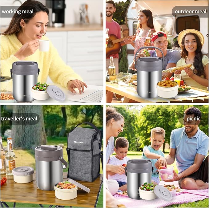 Adults Lunch Vacuum Soup Thermos For Hot Food with Inserts Stackable Bento Box Storage Container,Width Mouth Stainless Steel Portable Insulated Food Jar (silvery, 74 oz)