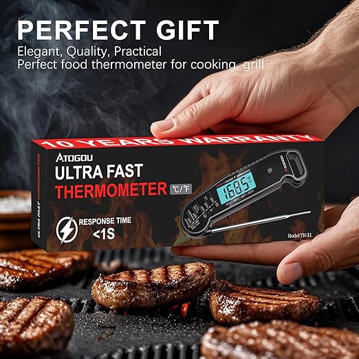 Professional Food & Meat Thermometer, 1 Sec Instant Read & ±0.5℉ Accuracy Driven by Thermocouple Sensor. IP67 Waterproof Digital Thermometer for Cooking, BBQ, Grilling. Gifts for Him Dad. Black