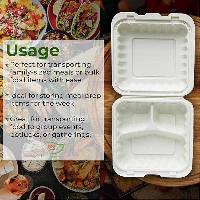 Compostable Food Containers with Lids | Durable, Biodegradable, and Eco-Friendly (50, Square P3)