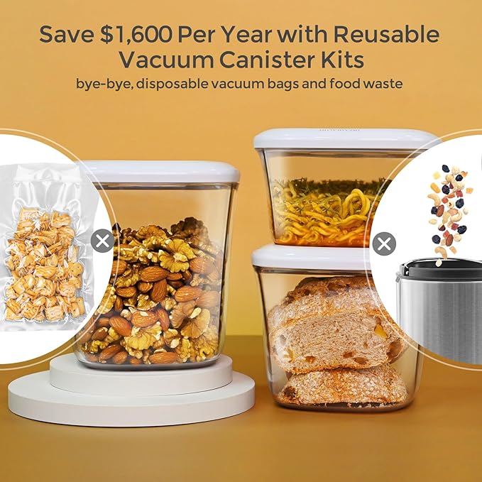 Auto Vacuum Seal Containers 1L+1.5L with Compact Handheld Vacuum Sealer, 2 Vacuum Zipper Bags, One-Touch Sealing, BPA Free Tritan, Airtight Food Storage Container with Lid also for Liquids