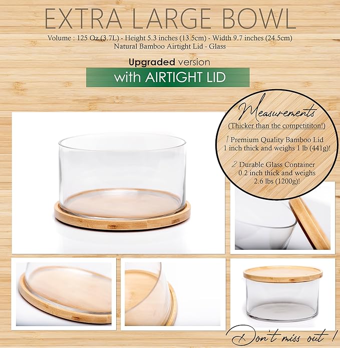 25DOL XXL 125 Ounces Airtight Lid Clear Glass Salad Bowl Dish【Hand Blown】 Dual Function Bamboo Lid - Extra Large Mixing Bowl for Salads, Dessert, Fruit, Punch - Centerpiece Large Serving Bowls