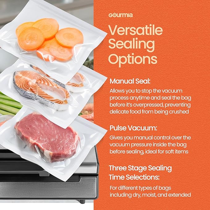Food Vacuum Sealer Machine | High Vacuum Speed at 15 L/minute | Compact & Portable Vacuum Sealer for Food | Built-in Cutter & Roll Bag Storage | Food Bag Sealer with Stainless Steel Cover | Gourmia