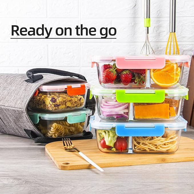 Glass Meal Prep Containers 2 Compartment with Lids (5 Pack, 34oz), Divided Glass Storage Containers for Lunch at Work, Leak-Proof Portion Control Food Containers, Microwave/Dishwasher Safe