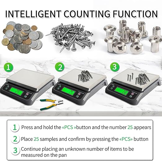 Large Food Scales for Kitchen 88lbs/40kg Digital Food Scale with Tare and PCS Funtion Stainless Stee Tray Baking Scale for Cooking with Adapter, 6 Unit (Grey, 40kg)