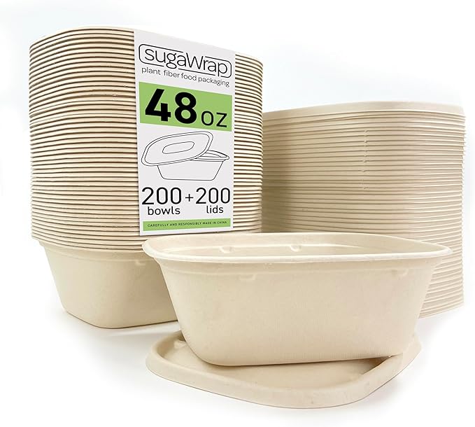 Disposable 48oz Food Containers with Lids (200 Bowls + 200 Lids) Eco-Friendly Biodegradable Bamboo & Sugarcane, Sturdy & Leak Resistant, Freezer & Microwave Safe for Hot & Cold (48 oz)