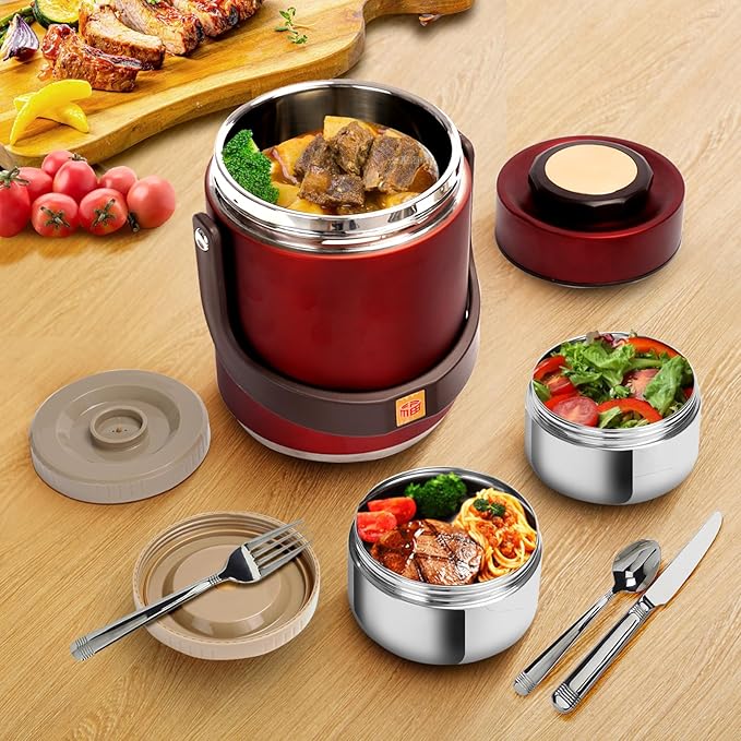 51 oz Adults Stainless Steel Vacuum Insulated Wide Mouth Soup Food Hot Food Jar with Keep Thermal Portable 2 Tier Stackable Bento Hot Food Containers Lunch Boxes (51 oz Red)