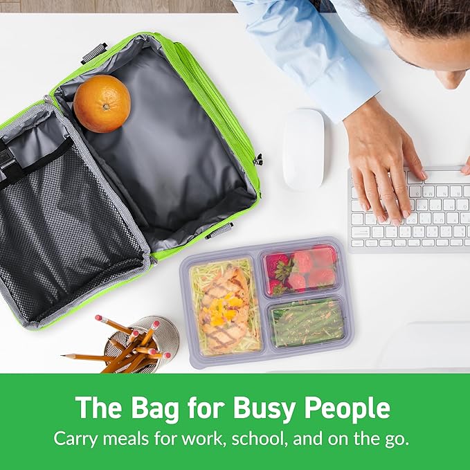 Bentgo Deluxe Lunch Bag - Durable and Insulated Lunch Tote with Zippered Outer Pocket, Internal Mesh Pocket, Padded & Adjustable Straps, & 2-Way Zippers - Fits Most Bentgo Lunch Boxes (Green)
