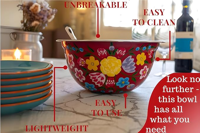 Large Hand Painted Stainless Steel Fruit Bowl - Decorative Floral for Salad Mixing and Serving - Traditional Kashmiri Art for Home Decor (Red)