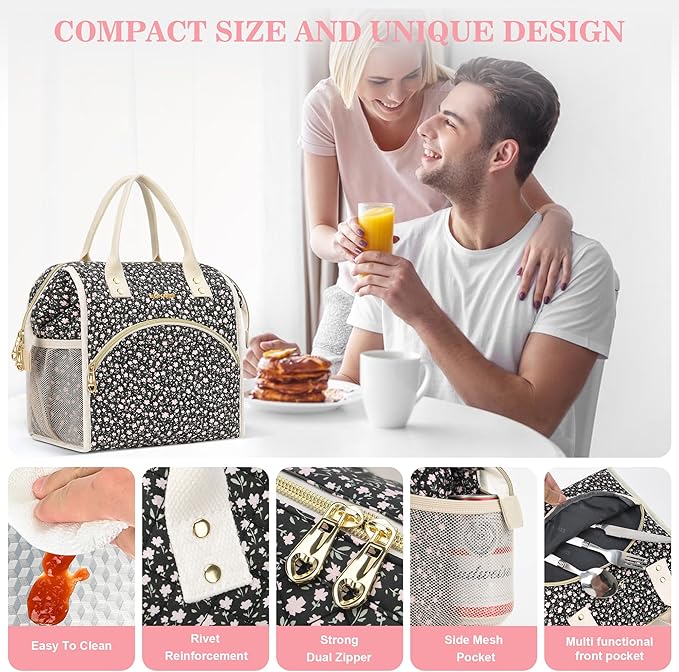 LOKASS Insulated Lunch Bag Women- Reusable 10 L Lunch Box for Women - Leakproof Tote Cooler Bag for Adults Work, Beach, Travel, Picnic (Black Small Florals)