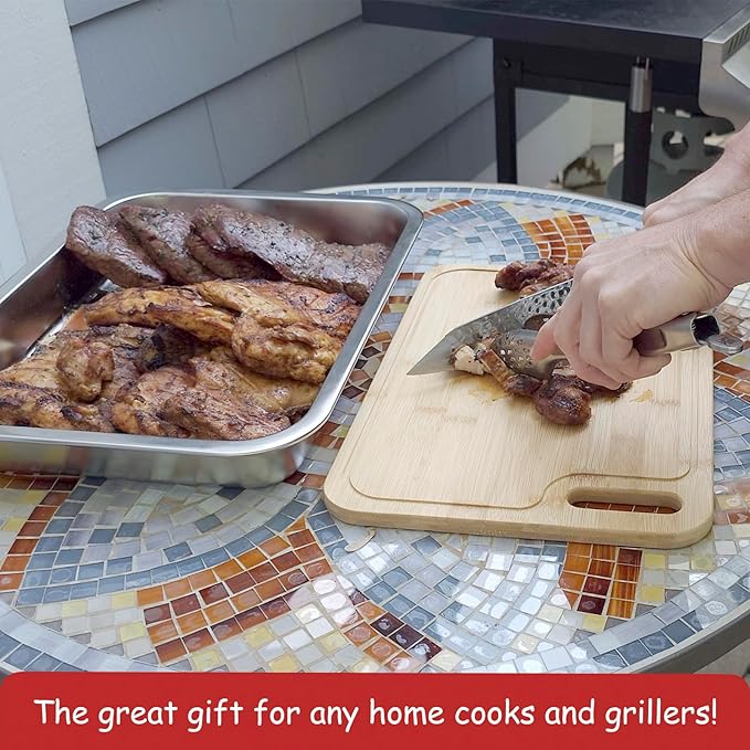 Geesta Grilling Prep and Serve Tays, Stainless Steel Large Capacity Food Prep Tray, Grill Carry System, Marinade Container with Lid and Cutting Board,BBQ Grill Accessories, Grilling Gifts for Men