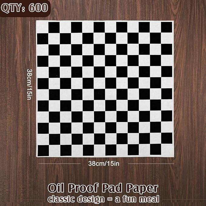 Honeydak 600 Pcs Sandwich Wrapping Paper Sheet 15x15 Checkered Food Wax Sheets Parchment Paper Basket Liner Grease Restaurant Wedding Party Supplies for Wrapping Bread Burgers(Black)