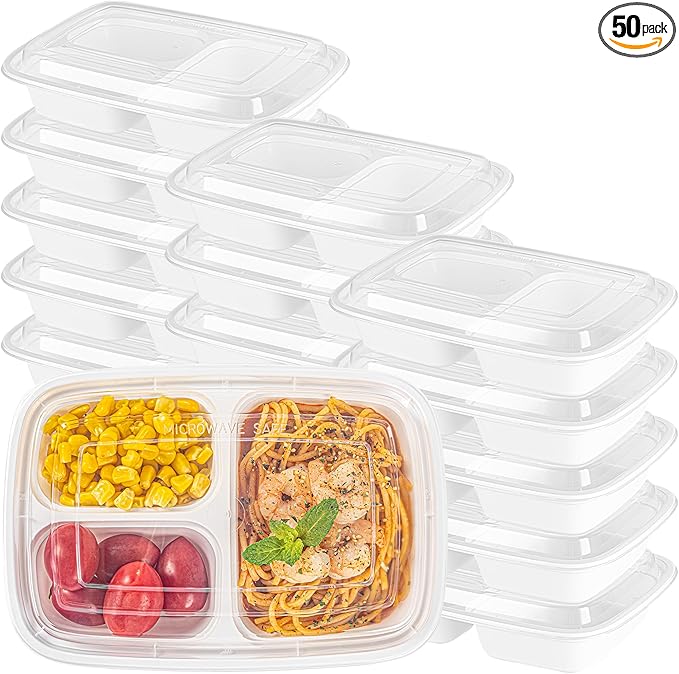 Restaurantware Asporto 26 Ounce Compartment Take Out Boxes, 50 Microwavable Meal Prep Containers - 3 Compartments, With Clear Plastic Lids, White Plastic Food Containers, Do Not Contain BPA
