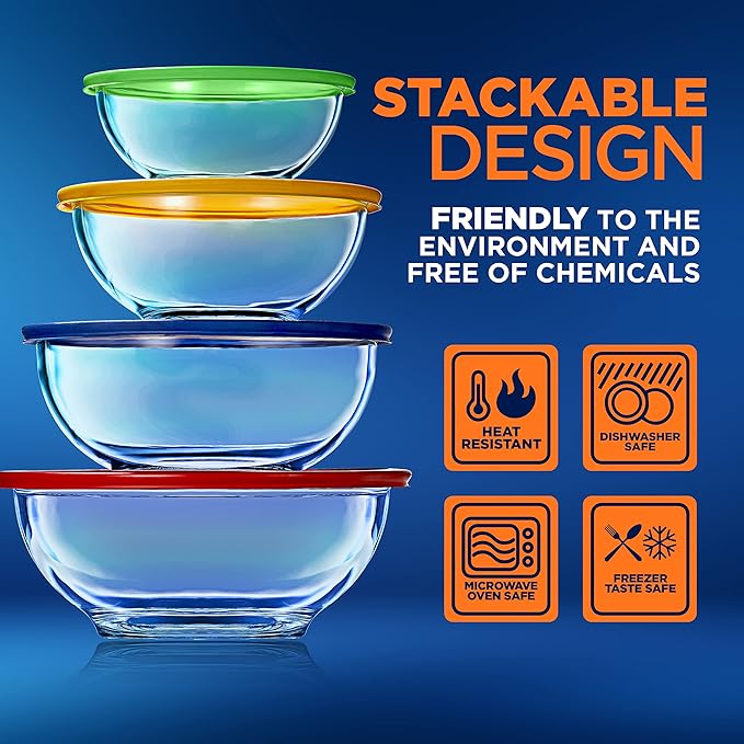 NutriChef 4-Pack Glass Mixing Bowls with BPA-Free Lids, Stackable Nesting Salad Bowls (1QT, 1.6QT, 2.5QT, & 3.7QT), Prepping and Baking Food Storage Set, Dishwasher, Freezer, & Microwave Safe