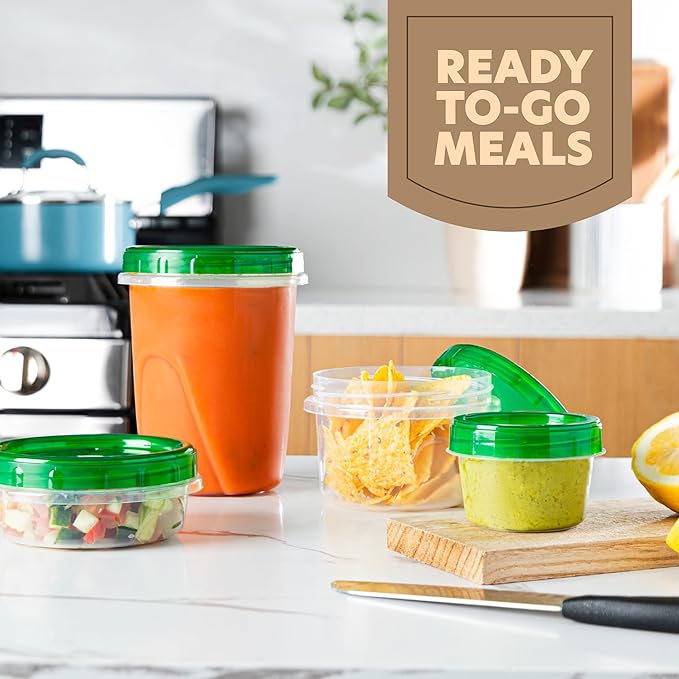 PLASTICPRO 24 Pack Twist Top Containers Assorted Sizes Plastic Food Storage Containers with Green Twist on Lids Stackable Reusable