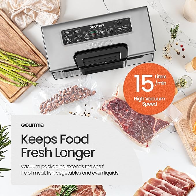Food Vacuum Sealer Machine | High Vacuum Speed at 15 L/minute | Compact & Portable Vacuum Sealer for Food | Built-in Cutter & Roll Bag Storage | Food Bag Sealer with Stainless Steel Cover | Gourmia