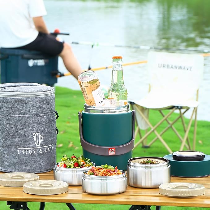 67 Oz Adults Stainless Steel Vacuum Soup Thermos For Hot Food with Inserts Stackable Bento Box and Lunch Bag,Width Mouth Portable Nsulated Food Jar Lunch Container (green, 67 oz)