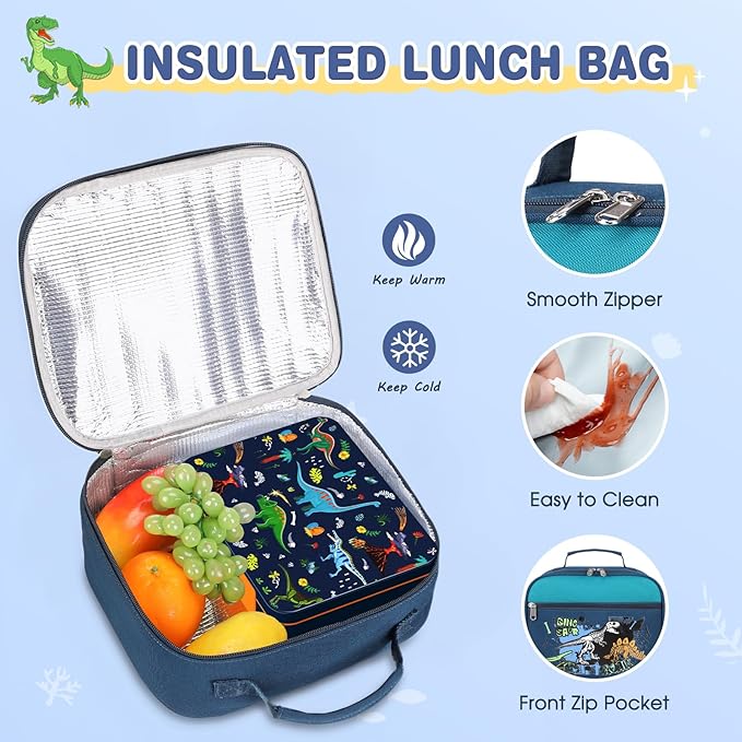 Luminous Boys Backpack - Dinosaur Bento Box with Insulated Lunch Bag Pencil Case & Utensils Set for Kids, 6 Leakproof Compartments Removable Tray Lunches or Snack Container (Green Dinosaur)