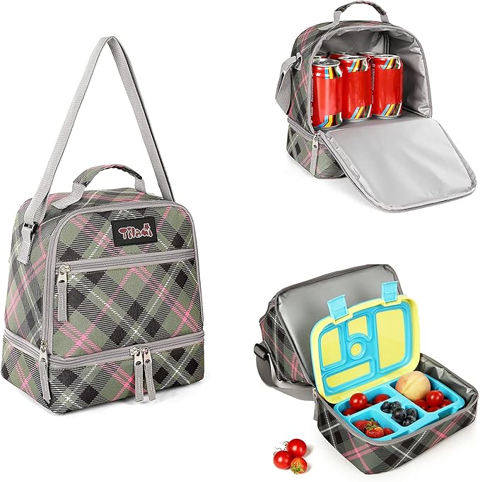 Tilami Lunch Bags Insulated Adjustable Strap Zipper, Water-Resistant Cooler Bags, Bento Bags for Kids Toddlers, Pink Plaid