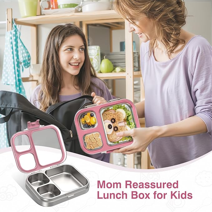 Stainless Steel Lunch Box, 3 Compartments Metal Bento Box for Kids Adults, Leak-Proof Lunch Box for School Office, Dishwasher Safe, BPA-Free, Tritan Lid, Pink