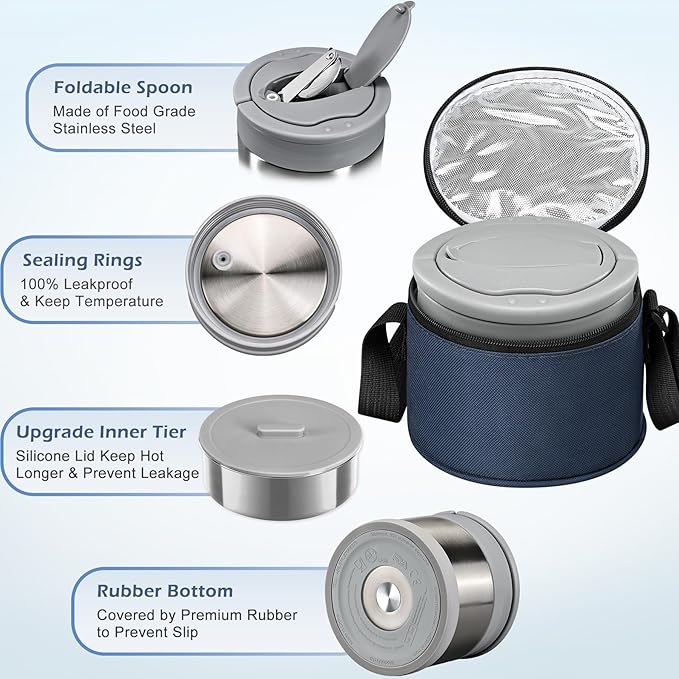 MAXSO Food Jar for Hot Food - 24 OZ Soup Thermo for Adults Vacuum Insulated Lunch Containers with Foldable Spoon & Thermal Bag, Wide Mouth Leakproof Bento Box - Silver