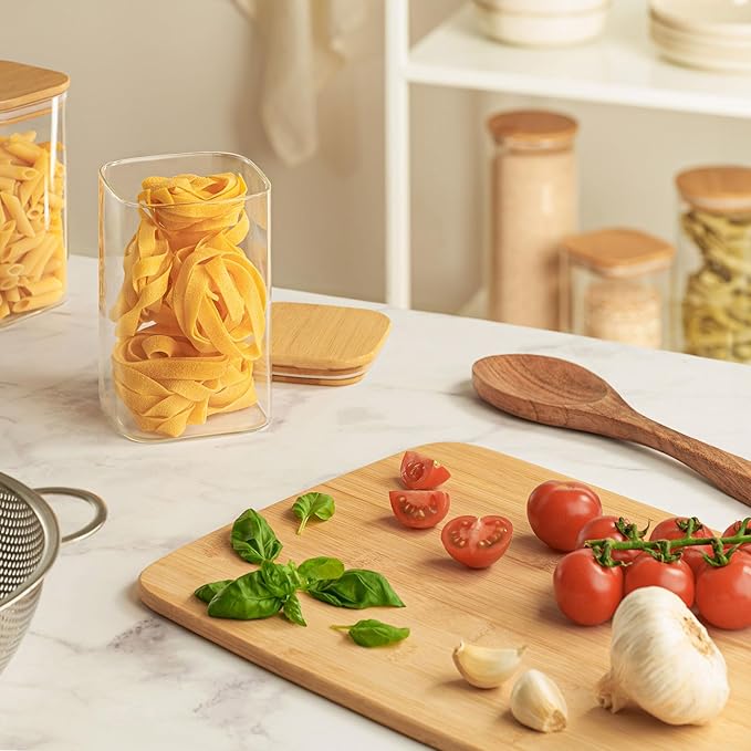 Kitchen Storage Jars 34oz - Set of 3 Bamboo Lid Storage Containers - Square Glass Food Storage Jars - Airtight Glass Pantry Storage