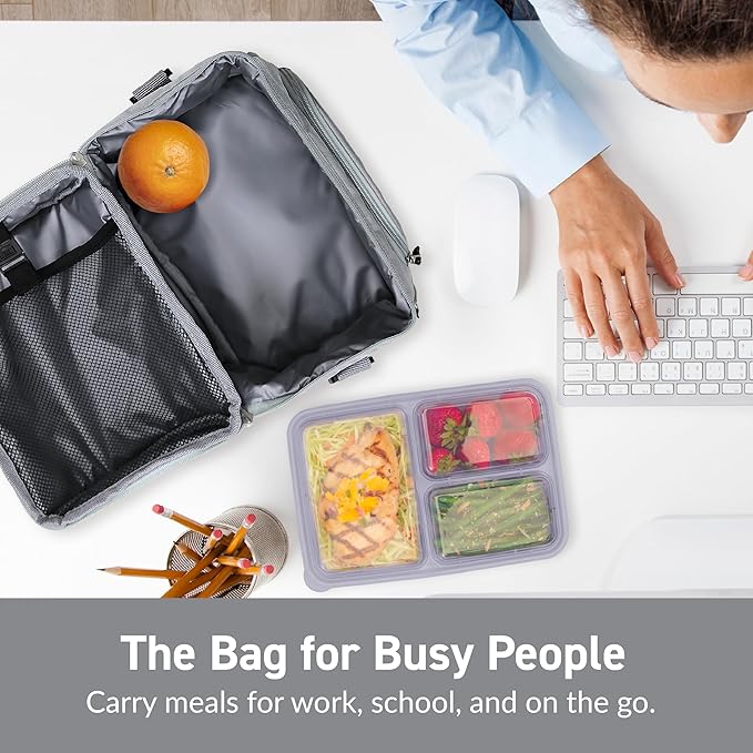 Bentgo Deluxe Lunch Bag - Durable and Insulated Lunch Tote with Zippered Outer Pocket, Internal Mesh Pocket, Padded & Adjustable Straps, & 2-Way Zippers - Fits Most Lunch Boxes (Gray)
