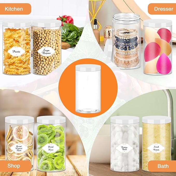 32 OZ Plastic Jars,16 Pcs Clear Plastic Jars with White Lids Round Empty Storage Jar Wide Mouth Refillable Storage Container with Lids for Household and Kitchen Food Organizing