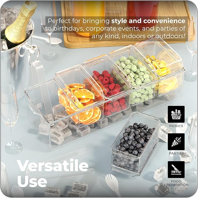 Prime Home Direct Ice Chilled Condiment Caddy | 5 Containers & 5 Lids | BPA Free | Hosting Party Supplies Serving Tray Platter | Buffet, Food Server, Fruit, Garnish, Mimosa, Salad, Taco Bar Organizer