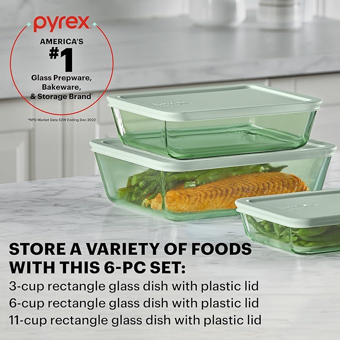Pyrex Year of Color (3-Pack) Tinted Rectangular Glass Food Storage Containers Set, (3, 6 & 11 Cup) Meal Prep Containers With BPA-Free Lids, Dishwasher & Microwave Safe, Green