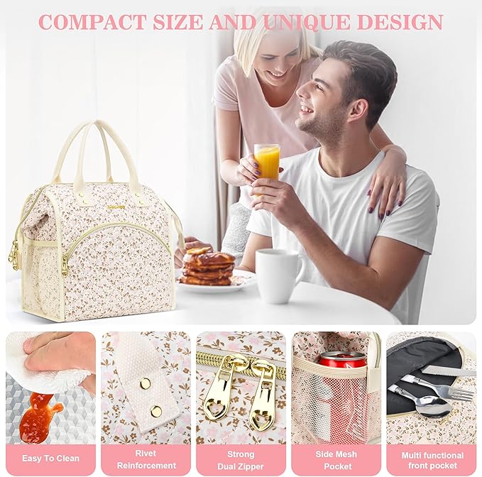 LOKASS Insulated Lunch Bag Women- Reusable 10 L Lunch Box for Women - Leakproof Tote Cooler Bag for Adults Work, Beach, Travel, Picnic (White Small Florals)
