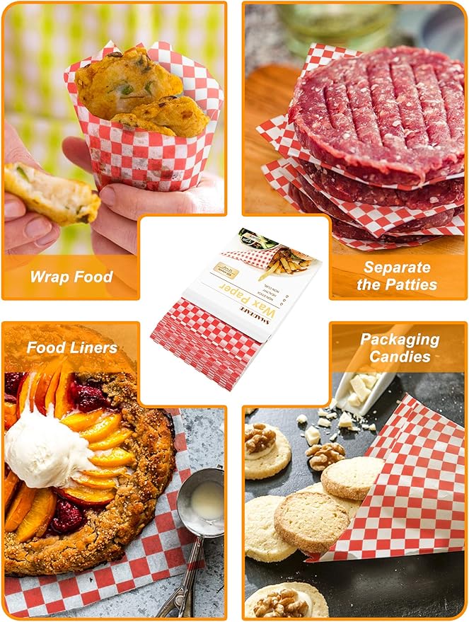 SMARTAKE 12 x 12 Inches Wax Paper for Food, 500 Pcs Non-Stick Hamburger Patty Paper, Square Sandwich Separators Wrapping Paper, for Lunch, Restaurants, Barbecues, Picnics, Parties, Red Plaid