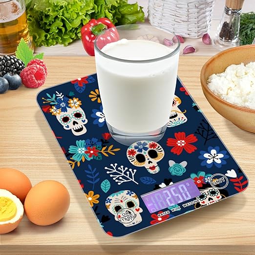 Food Scale Kitchen Digital Scale Food Ounces and Grams Dieting Baking Cooking Waterproof Glass Panels LCD Display,4 Units Scale Tare Function Some Blue Skull