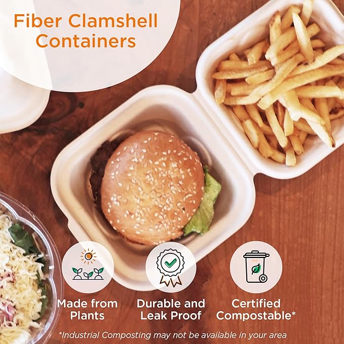 World Centric Compostable Fiber Burger Box 6x6x3 - Plant Fiber with no Added PFAS - 100 Pack