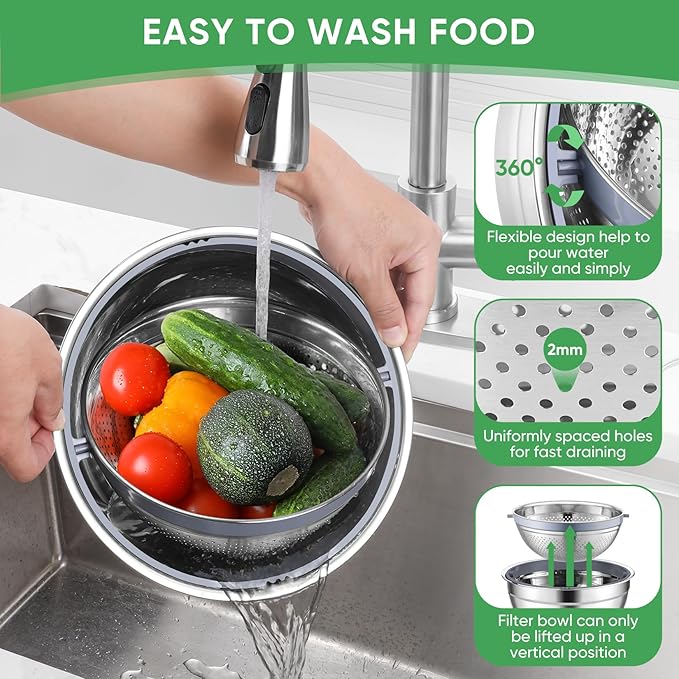 P&P CHEF Mixing Bowls with Lids Set of 3, 3 Pcs Stainless Steel Nesting Salad Bowls and Colander for Kitchen, 3 Grater Attachments & Non-Slip Bottoms, Visible & Airtight Lid, Multicolor